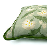Close-up side view of Linwood cushion in Polly, Stripe Moss showing fabric texture and piping in a luxurious green velvet.