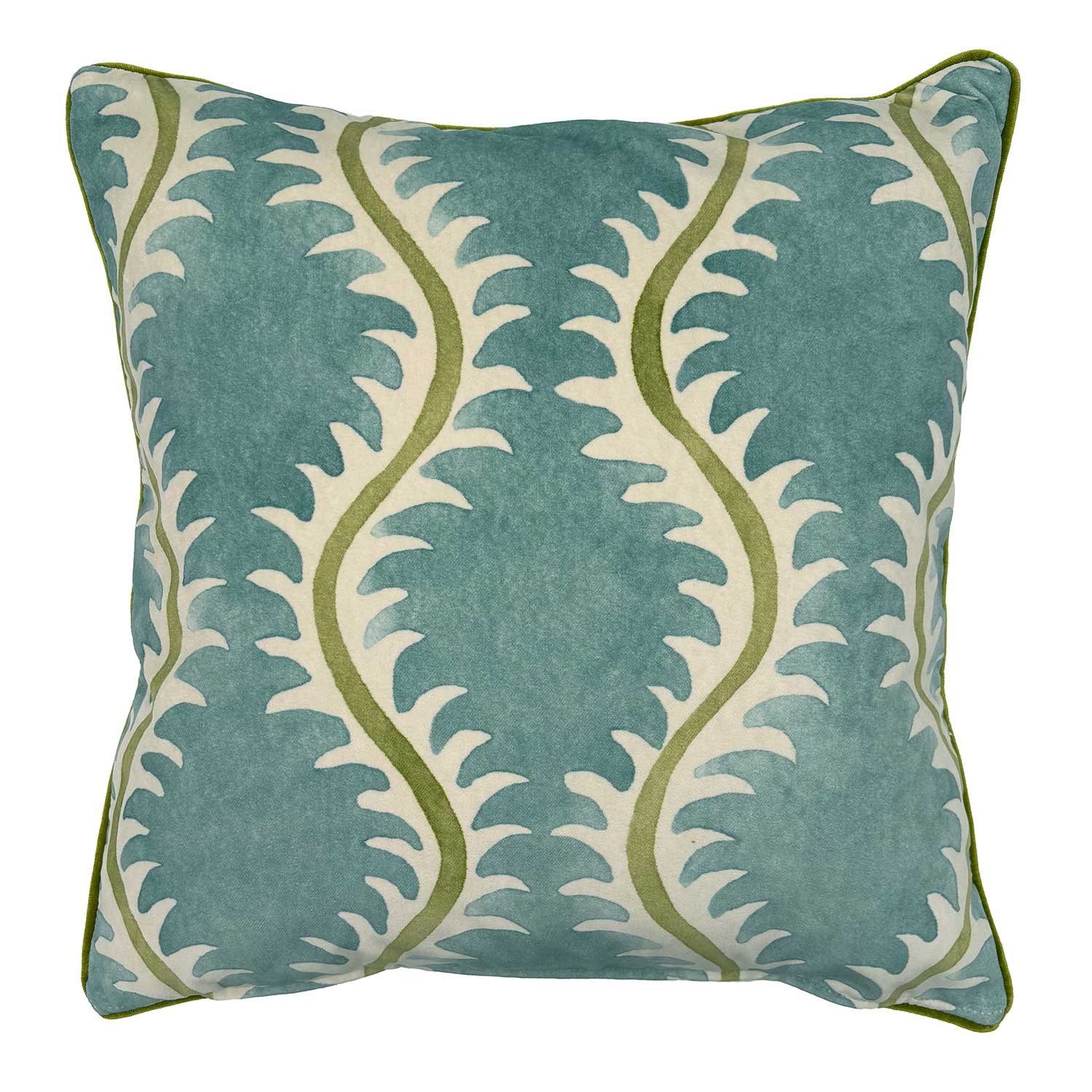 Blue velvet cushion with a stylised fern pattern. 