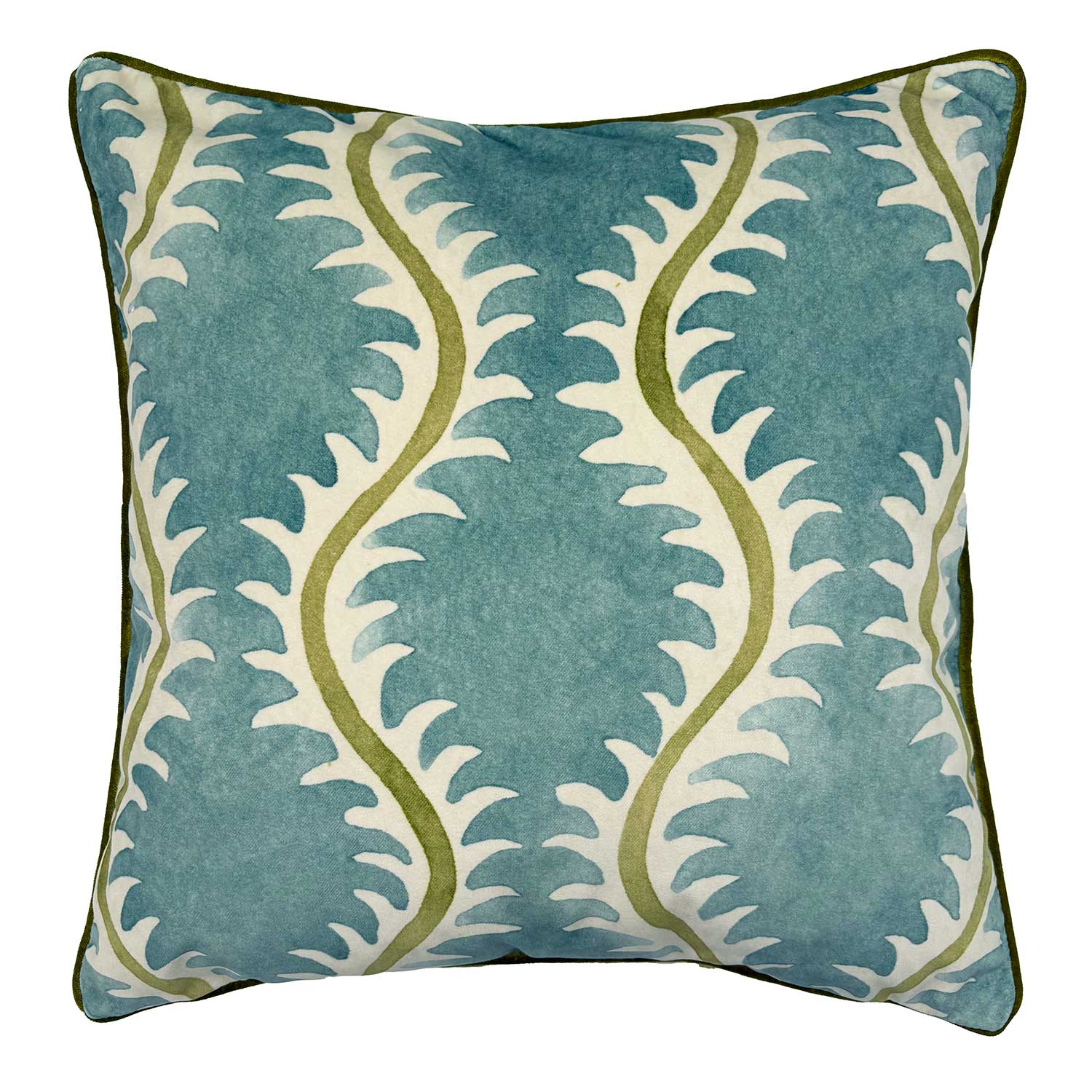 Blue velvet cushion with a stylised fern pattern. 