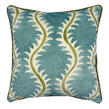 Blue velvet cushion with a stylised fern pattern. 