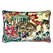 Linwood cushion in Jungle Rumble Velvet Leopard. Overhead view showing the full front design, featuring a vivid tropical print with a lounging leopard and lush foliage.