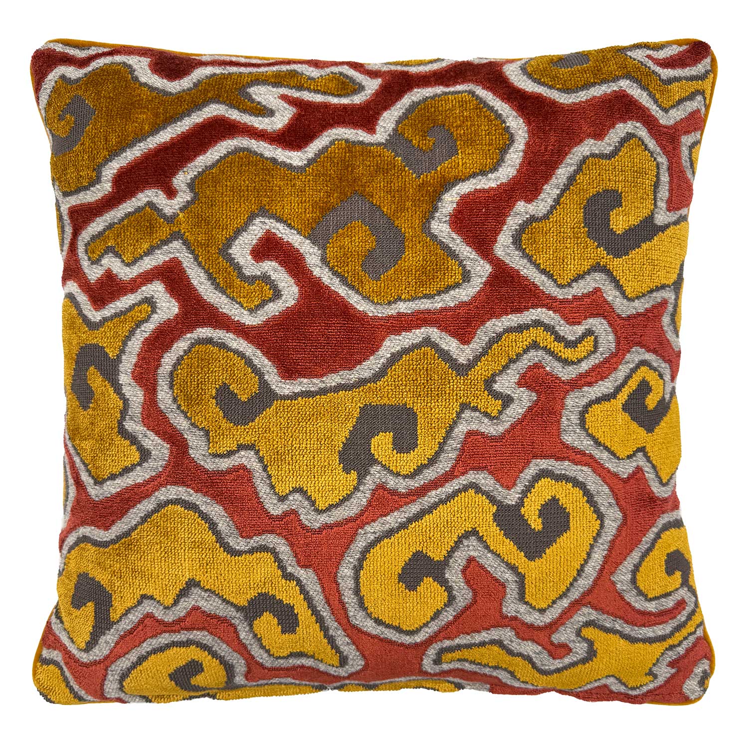Linwood cushion in Kumo, Flame. Overhead view showing the full front design, featuring stylised clouds with a Japanese influence.