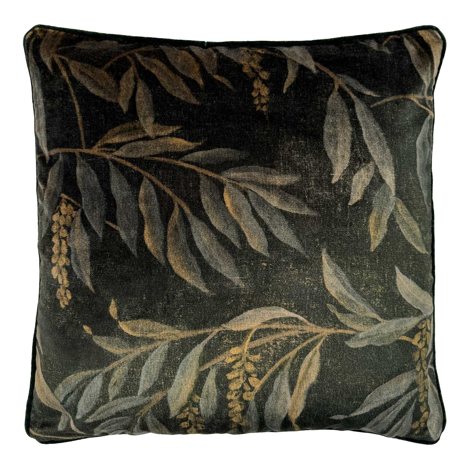 Linwood cushion in Lumen Metallic. Overhead view showing the full front design, featuring stylised wisteria branches in soft, earthy tones with a subtle, luminous finish