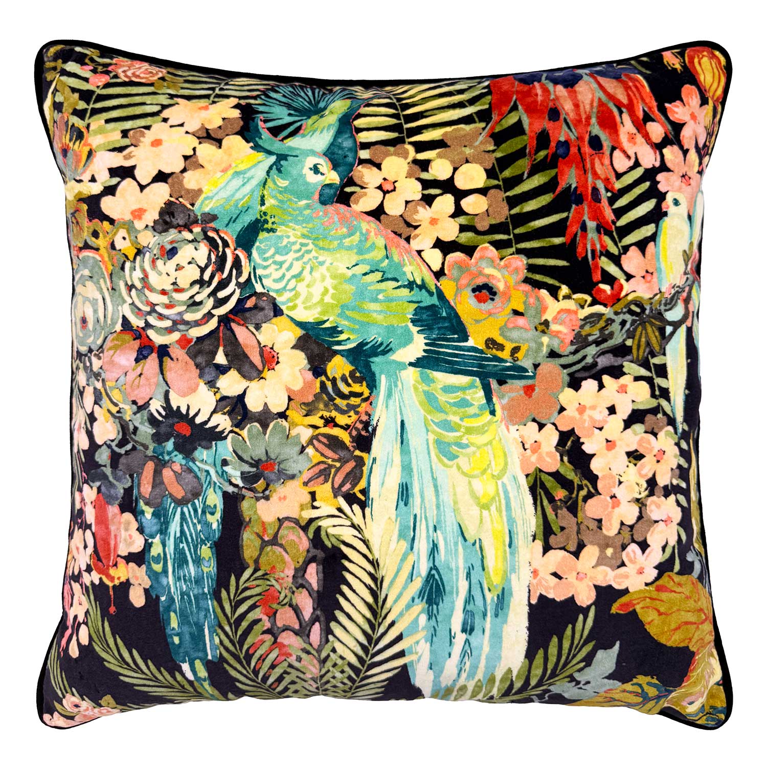 Linwood cushion in Rainforest Rabble Neon. Overhead view showing the full front design, featuring a vibrant composition of exotic birds nestled among lush foliage.