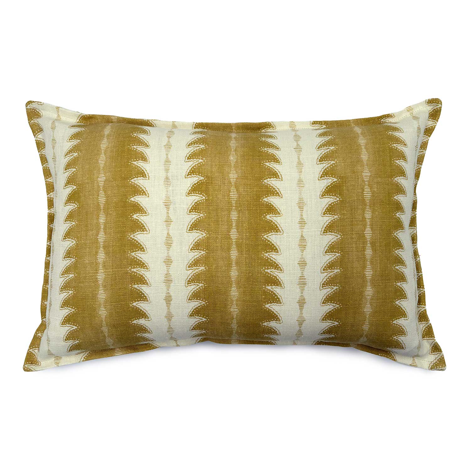 Gold linen cushion with a fern pattern.