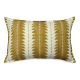 Gold linen cushion with a fern pattern.