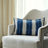 A blue and off white linen cushion with an attractive ‘fern’ design and finished with a sleek, Oxford edge.