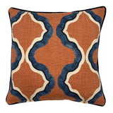 Blue and terracotta linen cushion with a mirrored ribbon pattern.