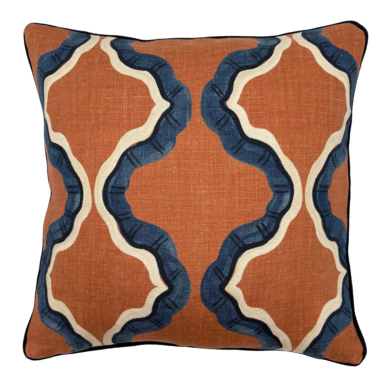 Blue and terracotta linen cushion with a mirrored ribbon pattern.