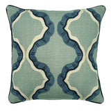 Blue and green linen cushion with a mirrored ribbon pattern.