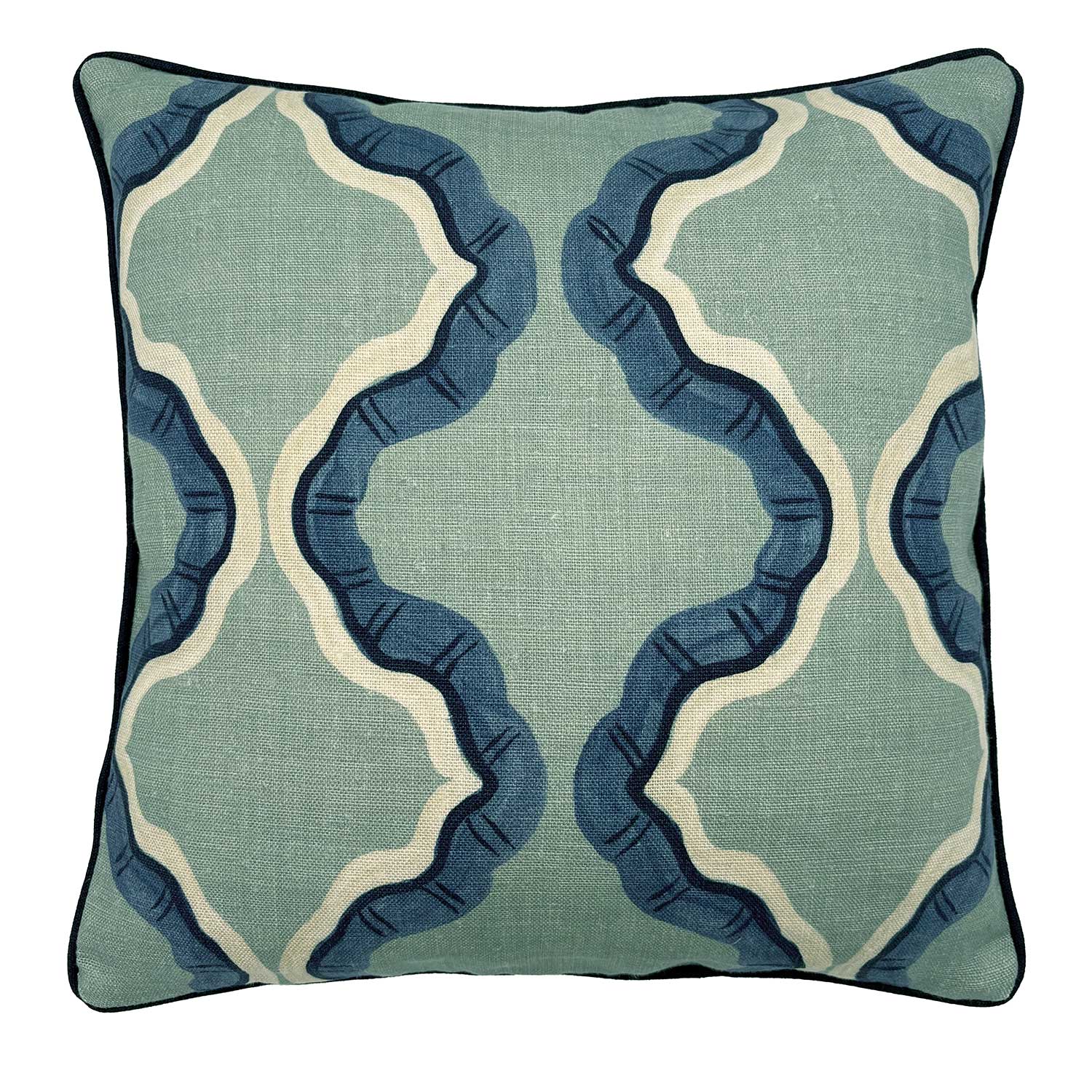 Blue and green linen cushion with a mirrored ribbon pattern.