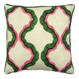 Pink and green cushion with a ribbon pattern