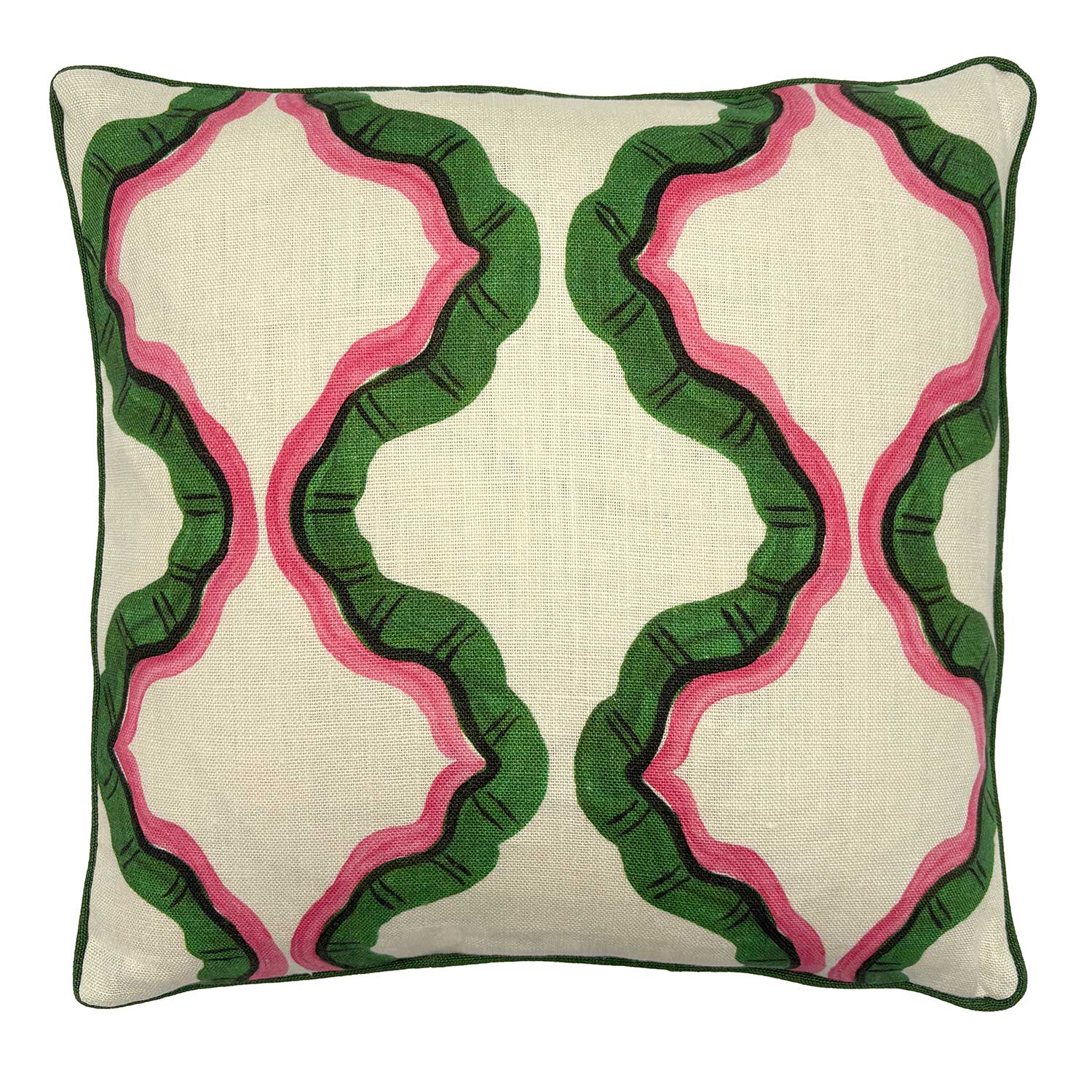 Pink and green cushion with a ribbon pattern