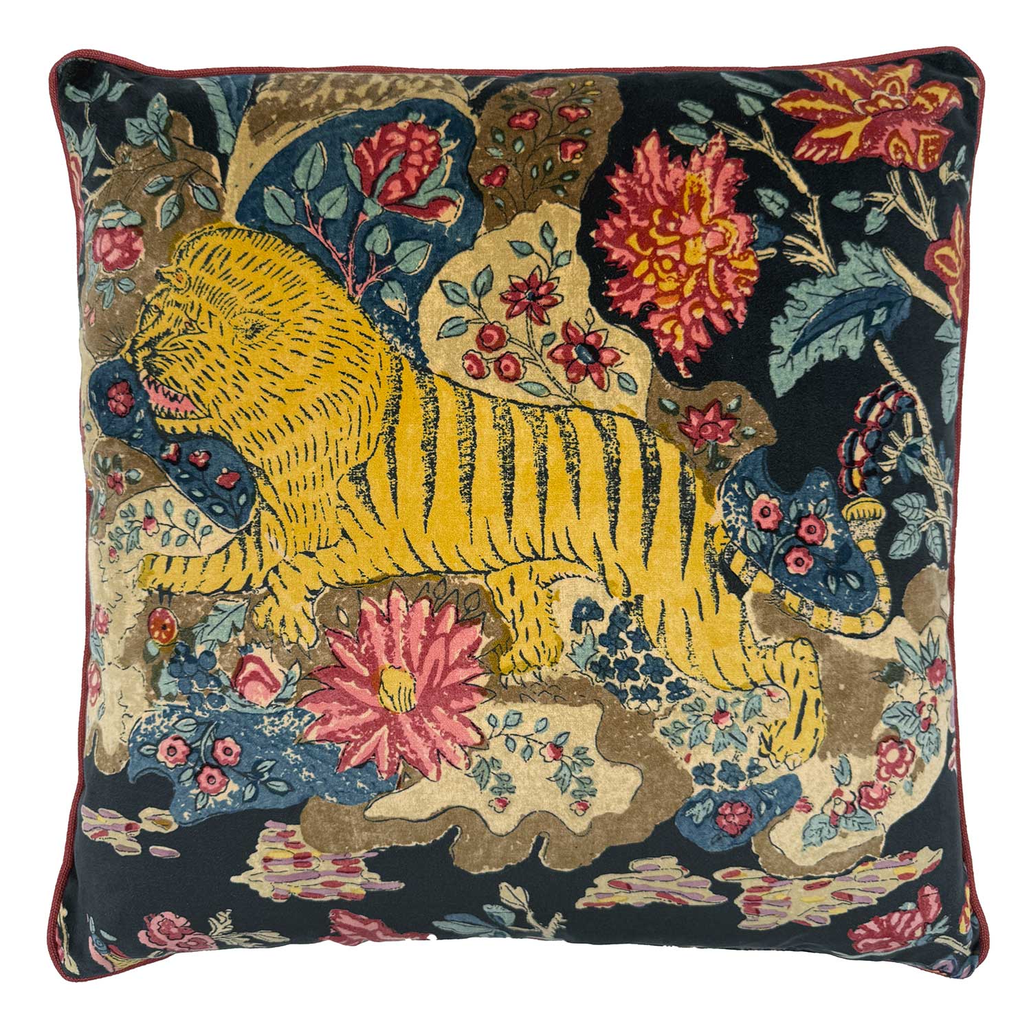 Linwood cushion in Wild Midnight. Overhead view showing the full front design, featuring a striking tiger motif in a palette of jewel tones against a deep, inky background.