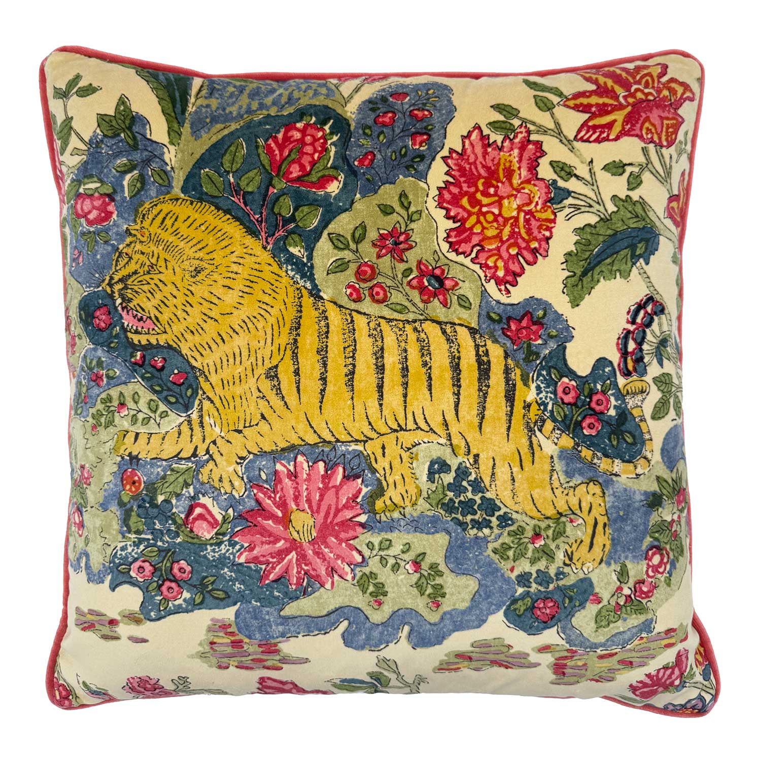 Linwood cushion in Wild Multi. Overhead view showing the full front design, featuring a fantastical tiger surrounded by stylised florals in vivid tones.