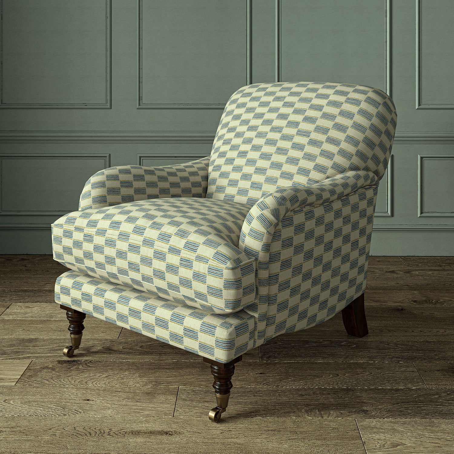 Armchair upholstered in Strata fabric highlighting horizontal texture and tonal depth.
