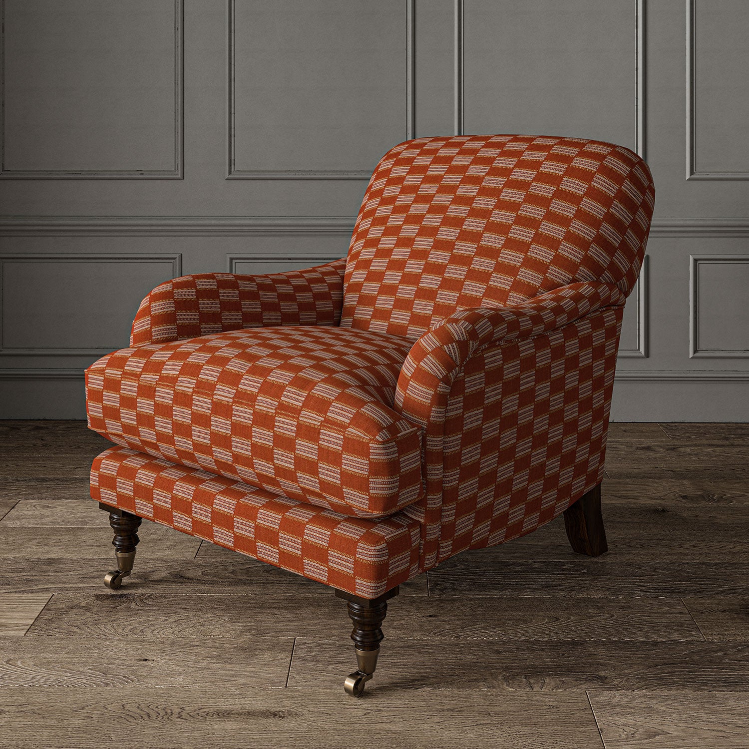 Armchair upholstered in Strata fabric highlighting horizontal texture and tonal depth.