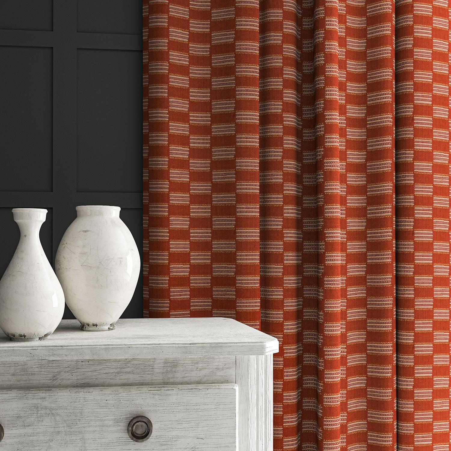 Curtains in Strata fabric showing gentle horizontal texture and soft drape.