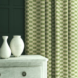 Curtains in Strata fabric showing gentle horizontal texture and soft drape.