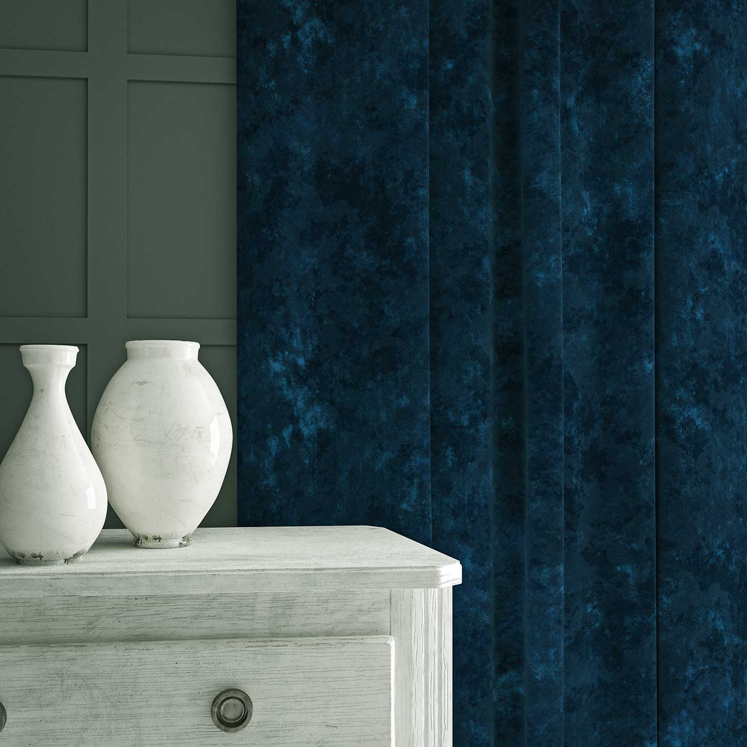Curtain in a dark blue stain resistant crushed velvet fabric, perfect for blue crushed velvet chair or curtains