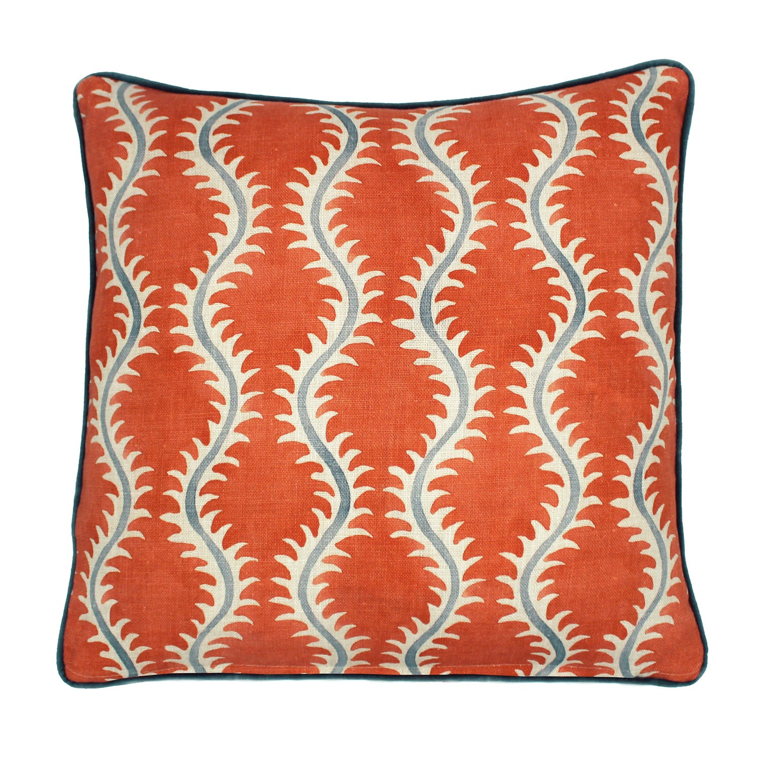A orange, cream and blue linen cushion with a all-over repeat pattern and velvet piping.