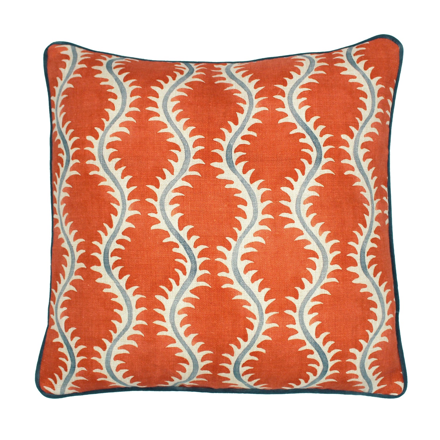 A orange, cream and blue linen cushion with a all-over repeat pattern and velvet piping.