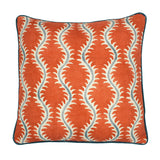 A orange, cream and blue linen cushion with a all-over repeat pattern and velvet piping.