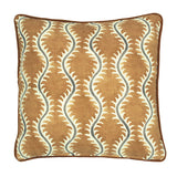 A mustard, grey and brown linen cushion with a all-over repeat pattern and velvet piping.