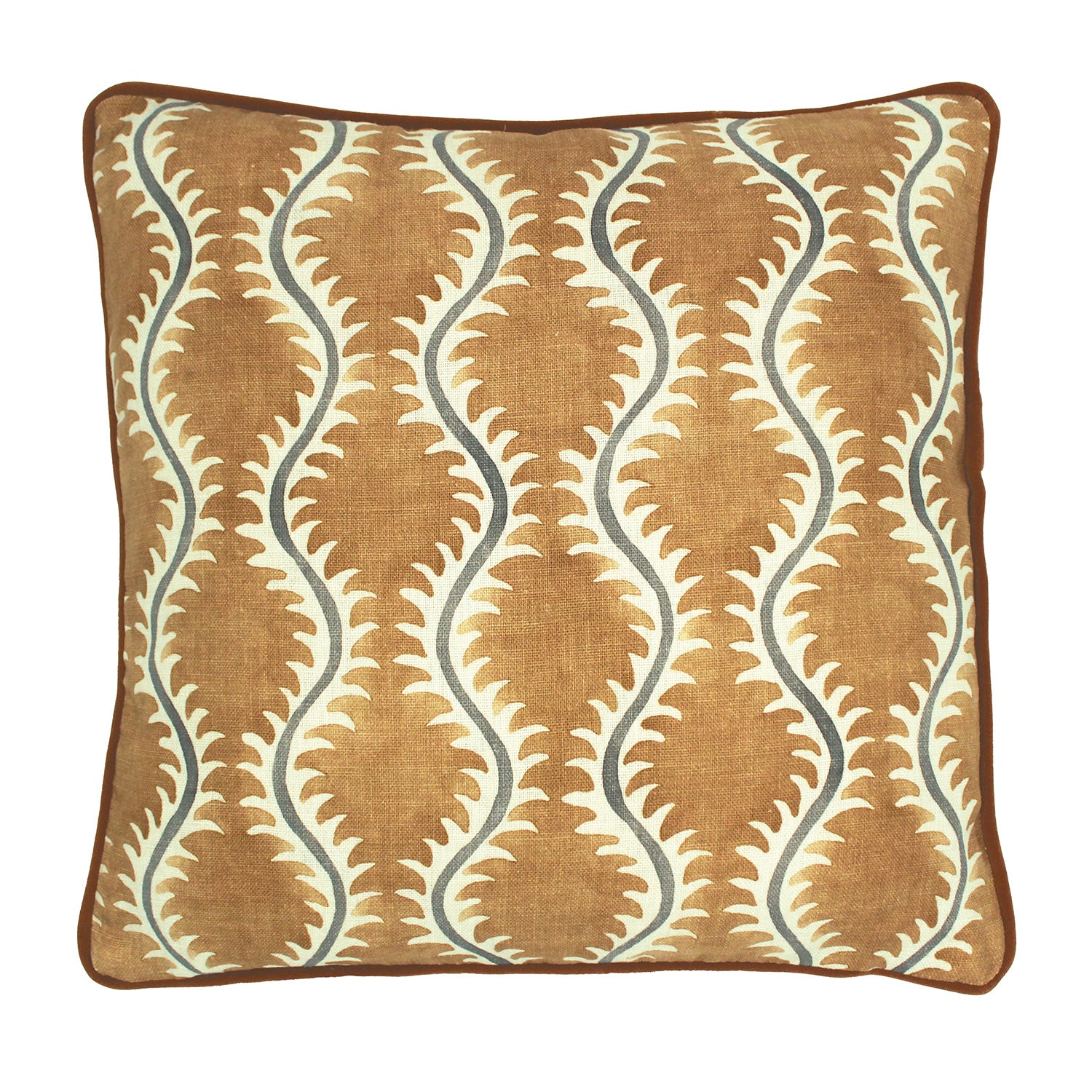 A mustard, grey and brown linen cushion with a all-over repeat pattern and velvet piping.