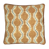 A mustard, grey and brown linen cushion with a all-over repeat pattern and velvet piping.