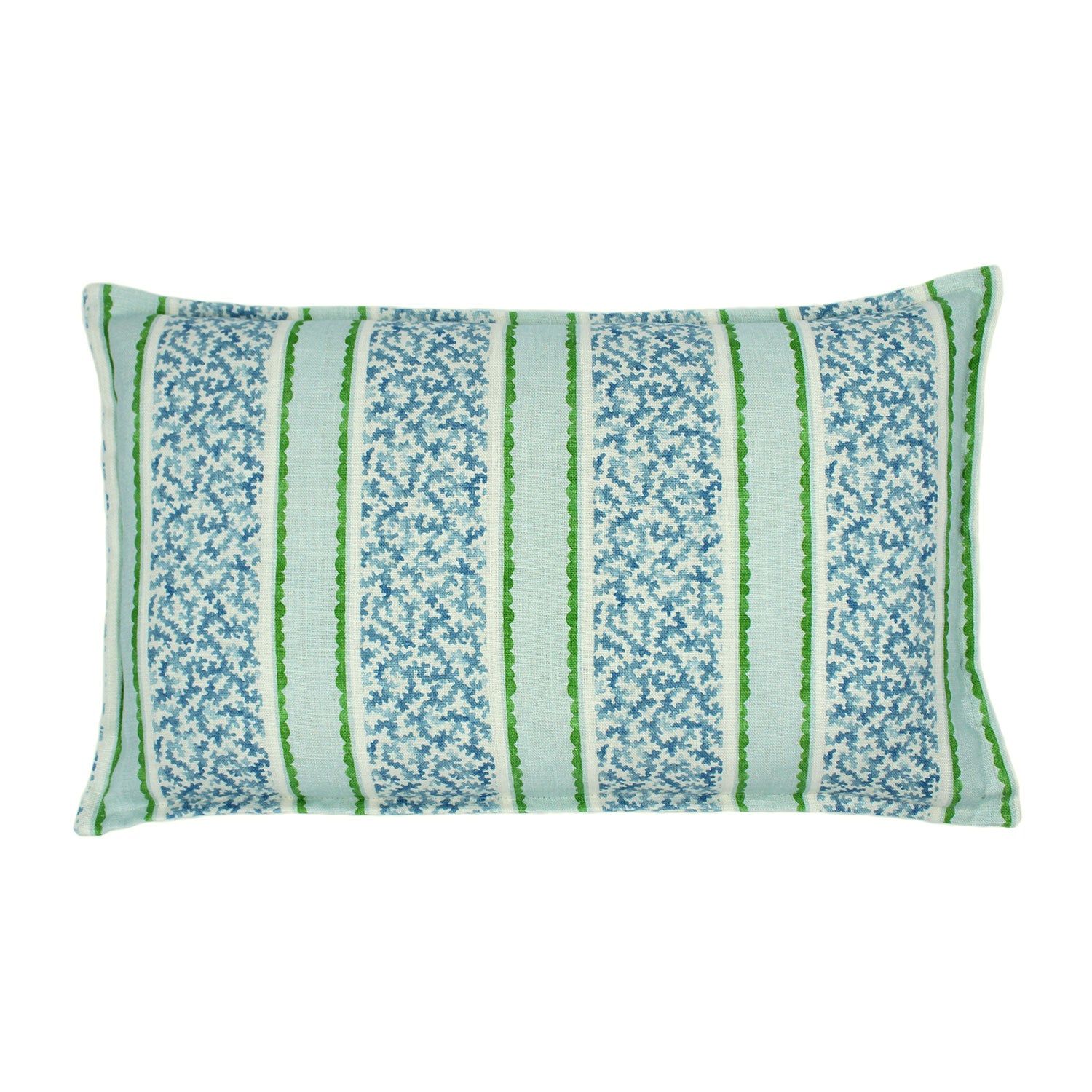 A green, blue and cream linen cushion with a stylised coral pattern.