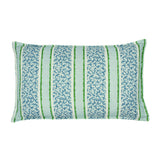 A green, blue and cream linen cushion with a stylised coral pattern.