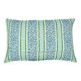 A green, blue and cream linen cushion with a stylised coral pattern.