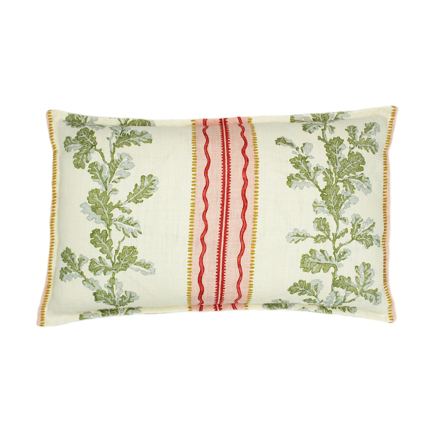 A multicoloured linen cushion with a oak-leaf motif pattern.