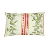 A multicoloured linen cushion with a oak-leaf motif pattern.