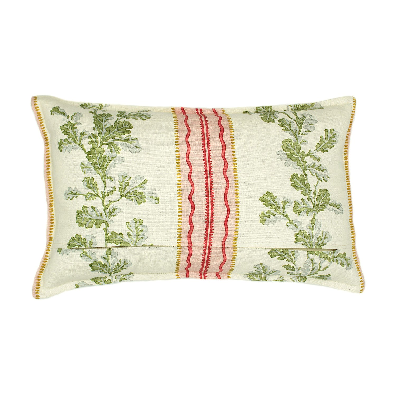 A multicoloured linen cushion with a oak-leaf motif pattern.