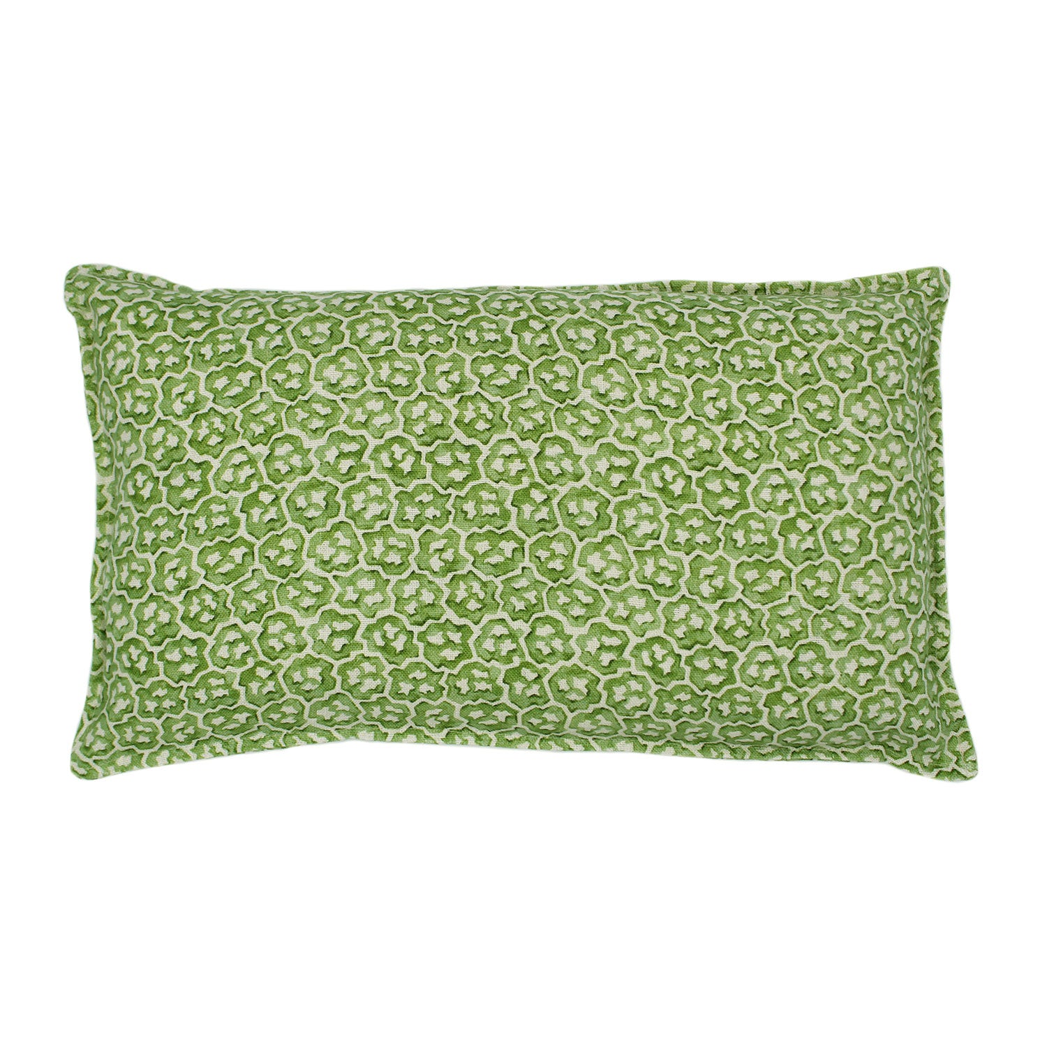 A green and cream linen cushion with a block print pattern.