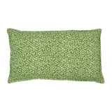 A green and cream linen cushion with a block print pattern.