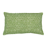 A green and cream linen cushion with a block print pattern.