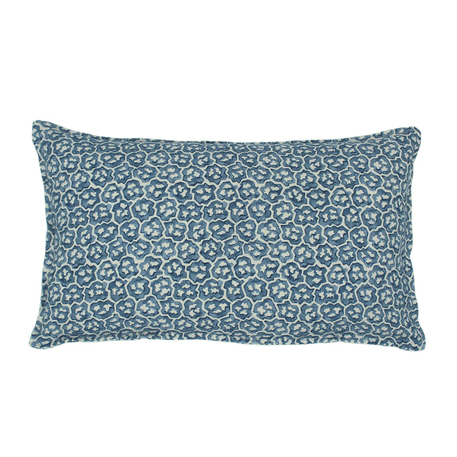 A blue and cream linen cushion with a block print pattern.