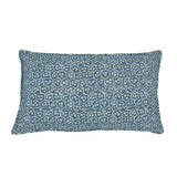 A blue and cream linen cushion with a block print pattern.