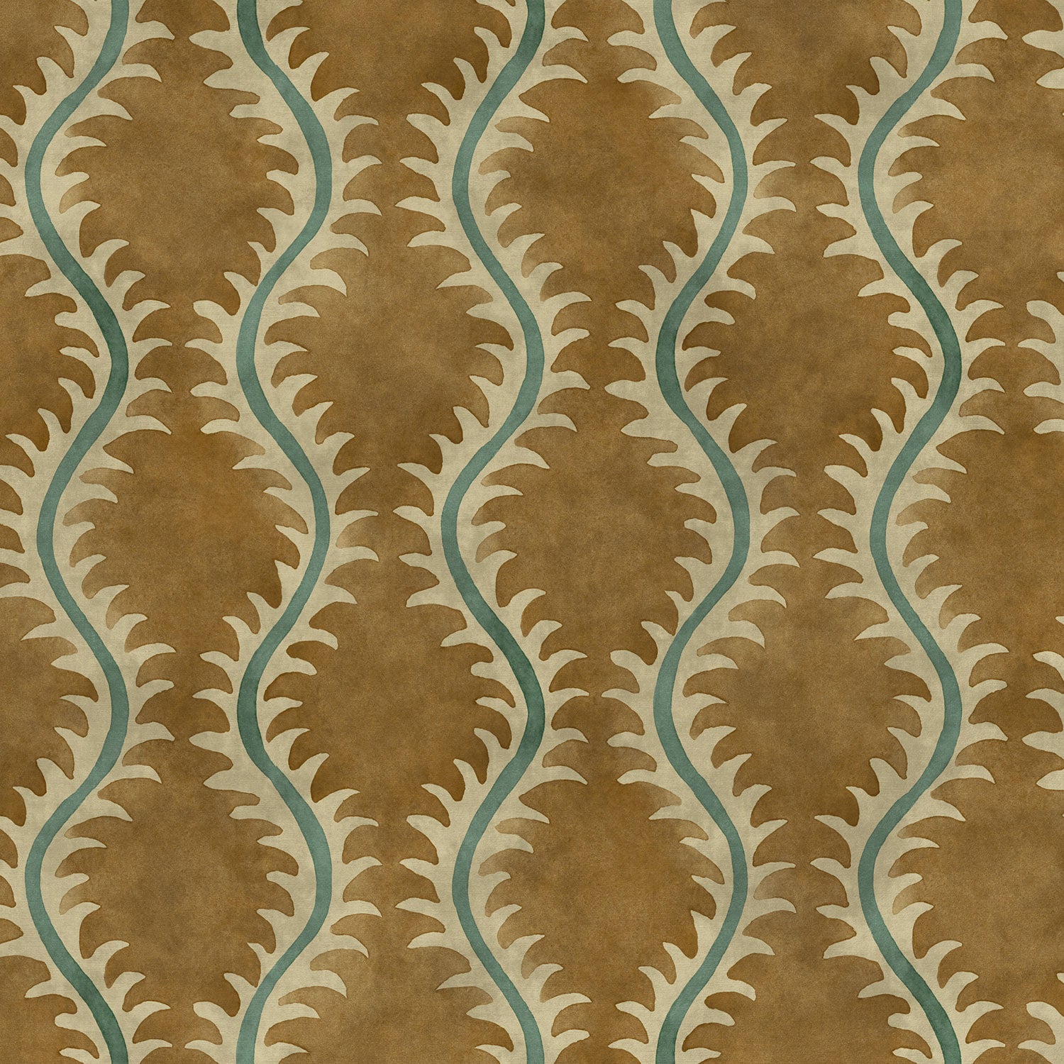 A printed velvet fabric sample in brown and green featuring a stylized fern pattern.