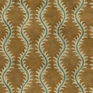 A printed velvet fabric sample in brown and green featuring a stylized fern pattern.