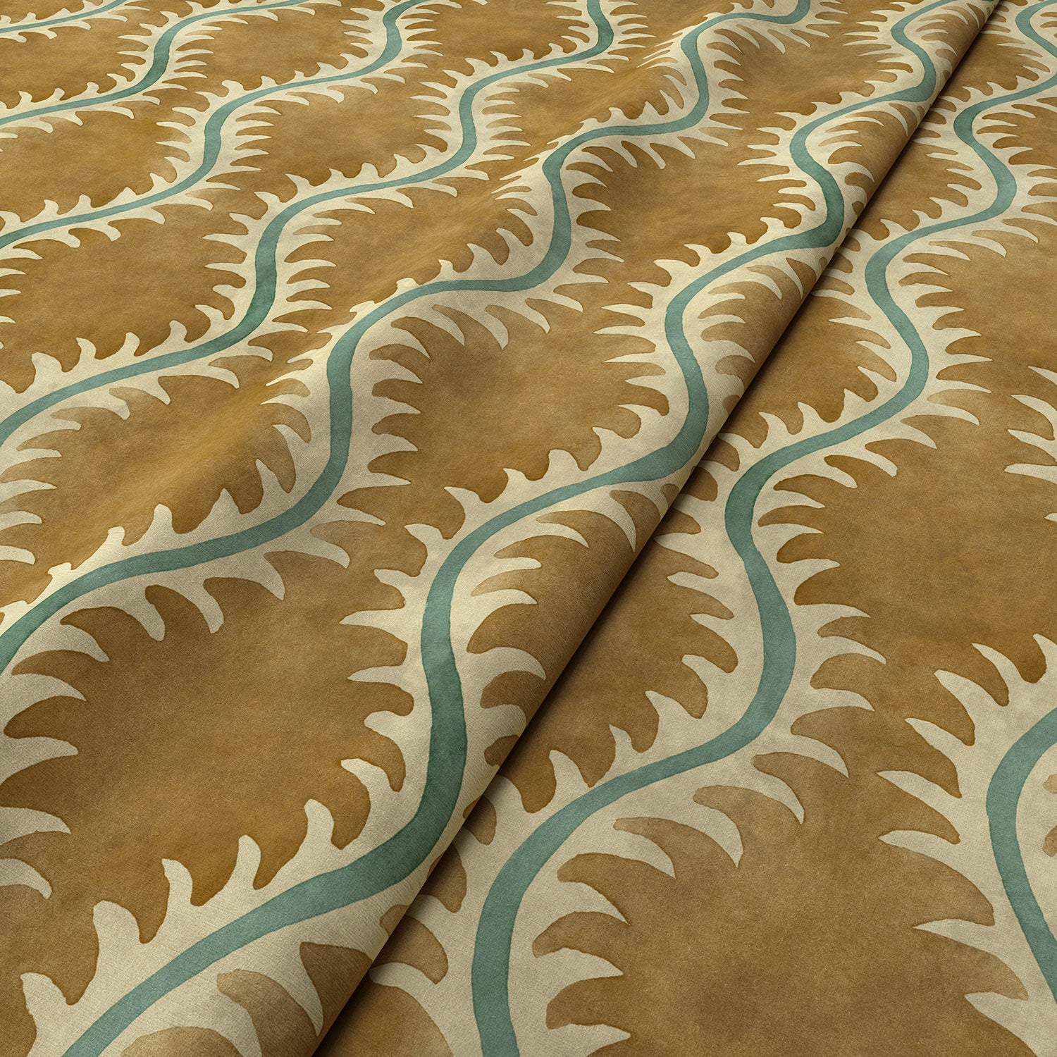 A printed velvet fabric sample in brown and green featuring a stylized fern pattern.