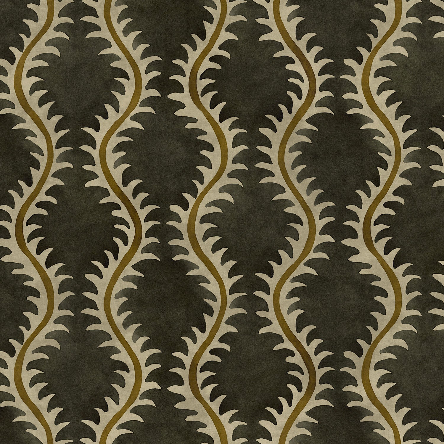 A printed velvet fabric sample in brown and green featuring a stylized fern pattern.