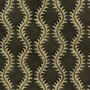 A printed velvet fabric sample in brown and green featuring a stylized fern pattern.