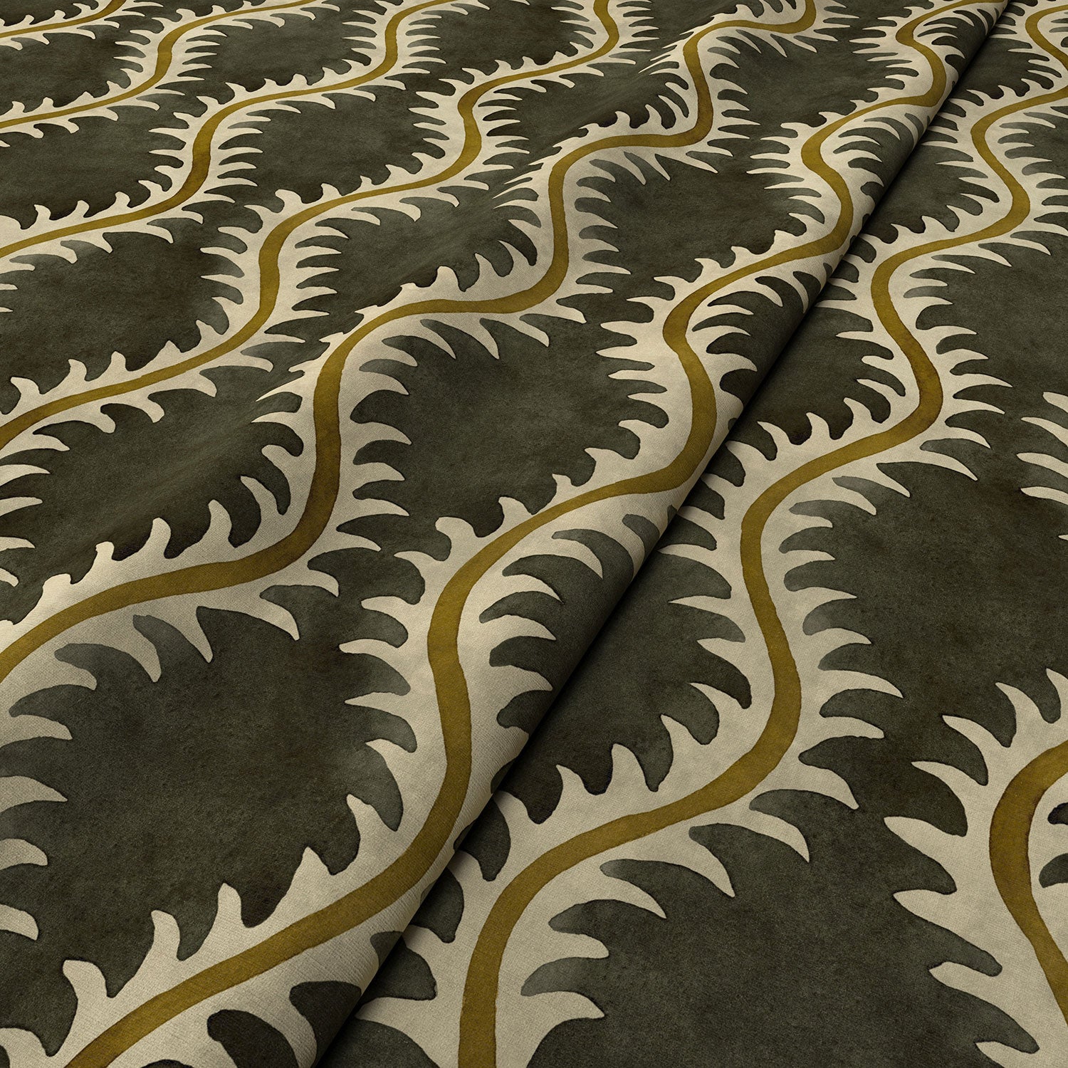 A printed velvet fabric sample in brown and green featuring a stylized fern pattern.