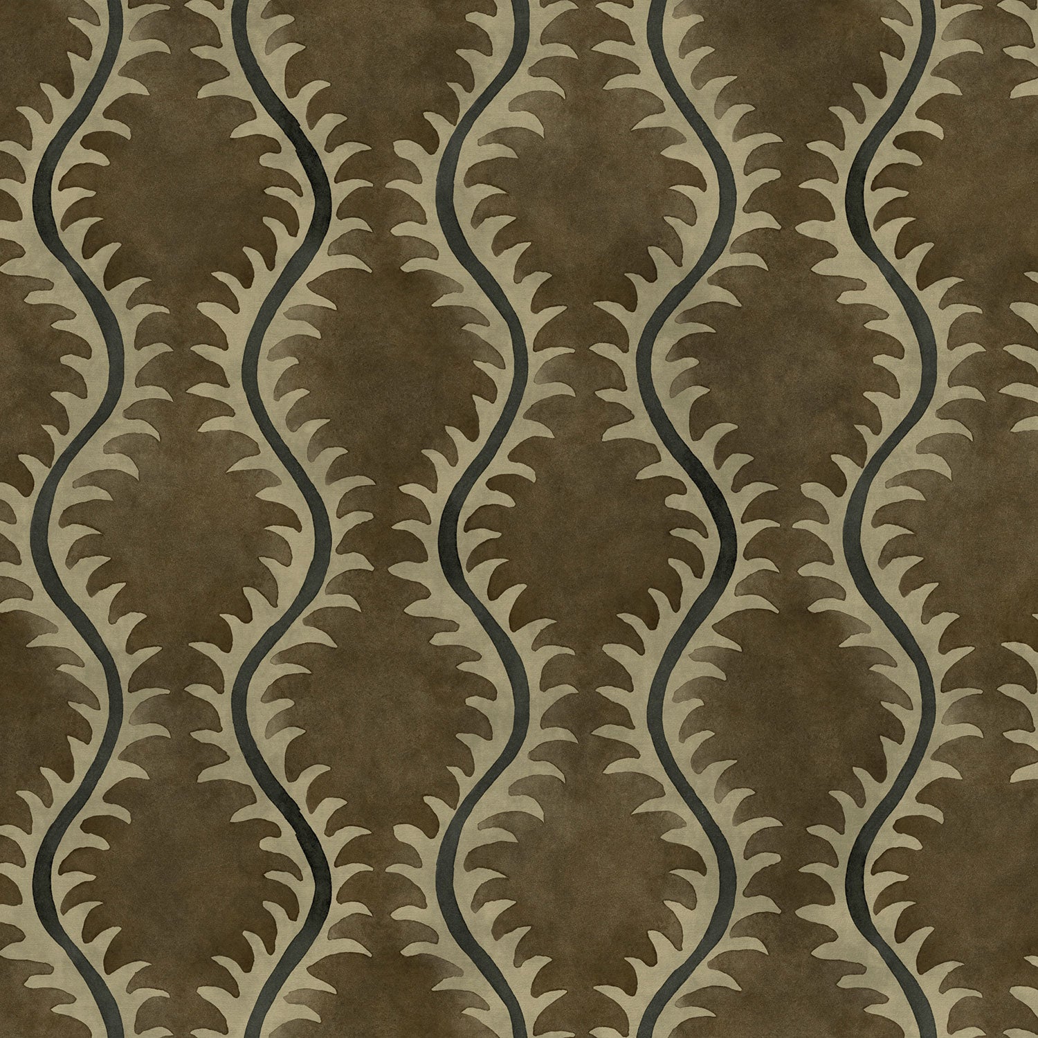 A printed velvet fabric sample in brown and grey featuring a stylized fern pattern.