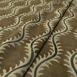 A printed velvet fabric sample in brown and grey featuring a stylized fern pattern.