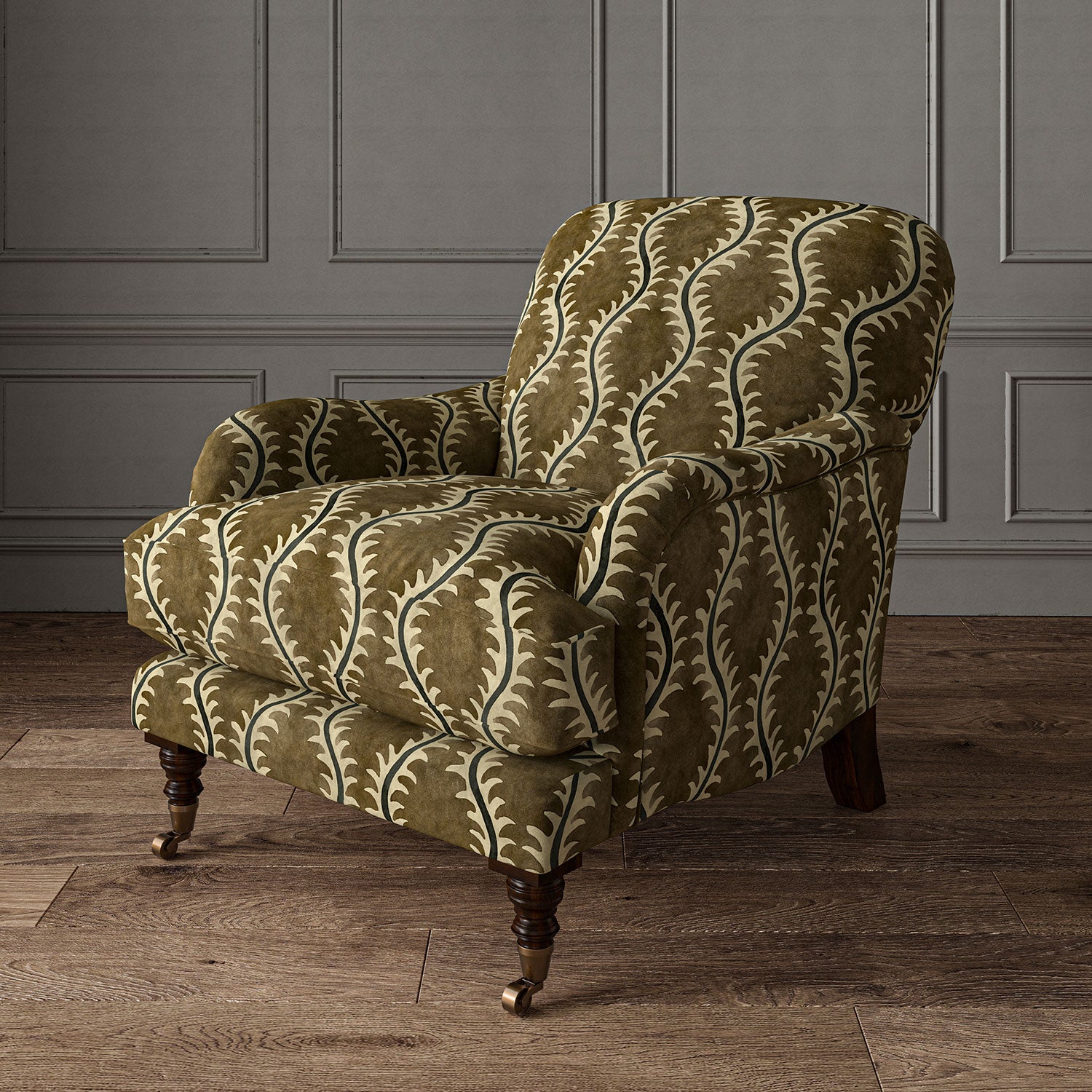 Armchair upholstered in a printed velvet fabric in brown and grey featuring a stylized fern pattern.